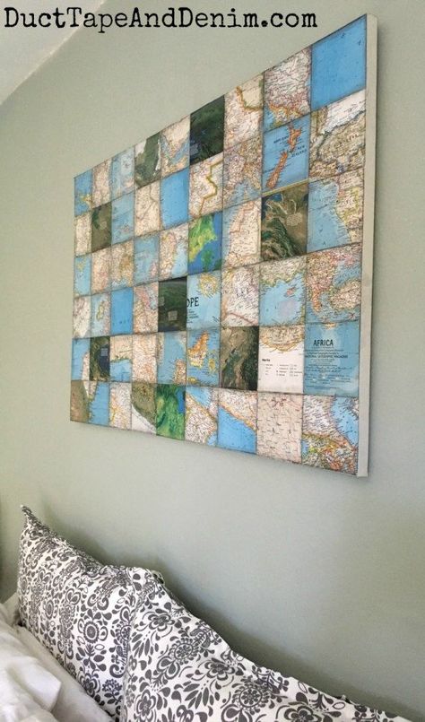 Make your own unique wall art. Here's how to make a DIY world map art collage canvas | DuctTapeAndDenim.com Kunst Collages, Recycled Home Decor, Map Crafts, Map Projects, Art Du Collage, Diy Wand, Cool Wall Decor, World Map Art, Map Globe