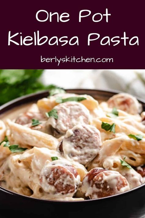 A quick and simple one pot creamy kielbasa pasta recipe. Featuring kielbasa sausage tossed with tender noodles and covered in a rich cream sauce! #berlyskitchen Creamy Kielbasa, Kielbasa Pasta Recipes, Easy Kielbasa Recipes, Kilbasa Sausage Recipes, Wheat Pasta Recipes, Kielbasa Pasta, Jack O Connell, Cream Cheese Pasta, Smoked Sausage Recipes