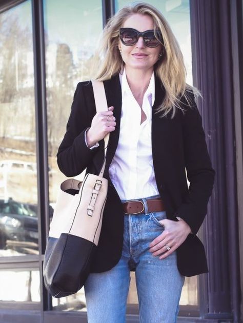 Styling 2 Ways on fashion blogger over 40, Erin Busbee of Busbee Style wearing Madewell black blazer, Moussy tapered jeans, white button down and Henri bendel color block tote Erin Busbee, Busbee Style, Prom Dresses For Teens, Wardrobe Stylist, Blazer Outfits, Fashion Over 40, Dresses For Teens, Prom Dresses Short, Black Blazer