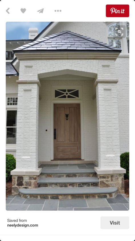 Painted Brick Exteriors, Stone Porches, Exterior House Colors With Stone, Painted Brick House, Stone Steps, Front Doors With Windows, House With Porch, White Brick, Painted Brick