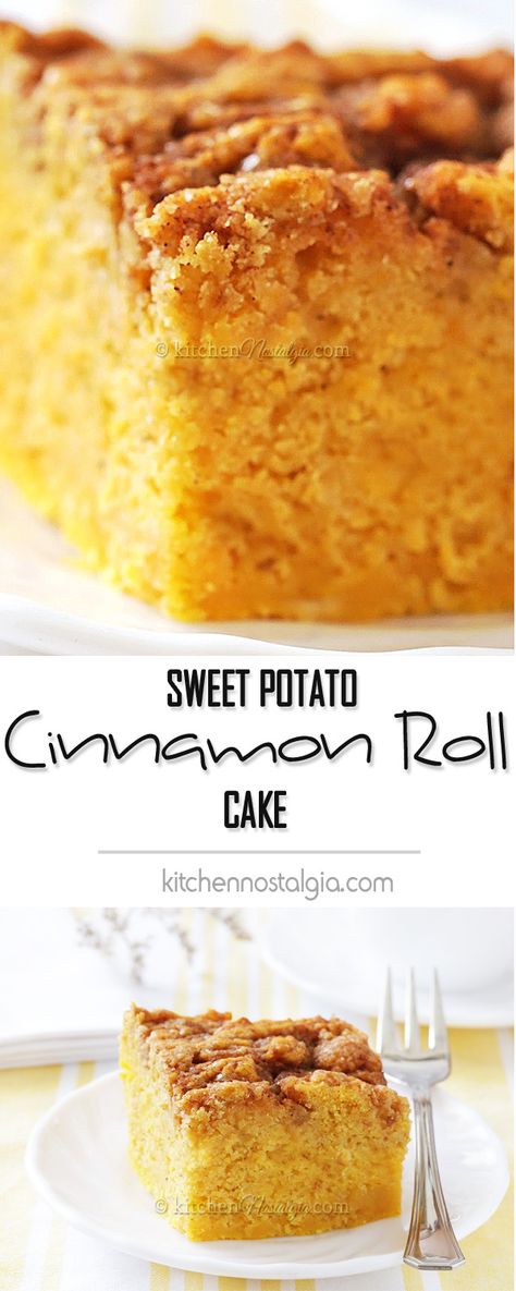 Sweet Potato Cinnamon Roll Cake, Cake Recipes Healthy, Nostalgia Recipes, Kitchen Nostalgia, Healthy Cinnamon Rolls, Breakfast Cake Recipes, Snack Cakes, Sweet Potato Cinnamon, Sweet Potato Cake