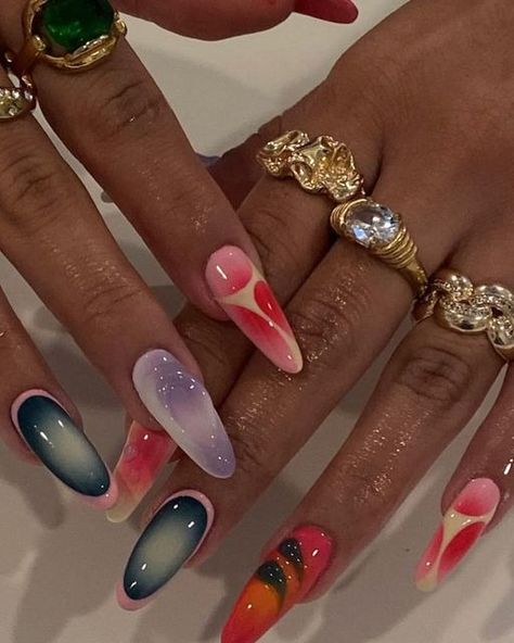 MELANIN MOI on Instagram: "From the colors to the shapes, abstract nail art has taken over and we’re SO here for it. Swipe for some inspo for your next nail appointment 💅🏾✨" Colorful Abstract Nails, Almond Nail Inspo 2024, Nail Art Designs 2024, Nail Inspo Abstract, Almond Nail Ideas Summer, Abstract Almond Nails, Summer Abstract Nails, Abstract Summer Nails, Nail Ideas Baddie