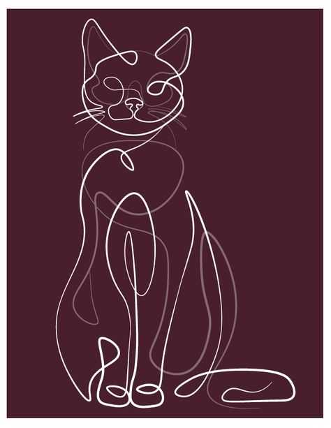 Cat Oneline Draw, One Line Art Painting, Line Art Design Cat, Cats Line Drawing, Cat Drawing Abstract, Cat Single Line Tattoo, Abstract Cat Drawing, Line Art Cats, Line Art Drawings Cat