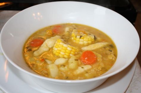 Trinidad-style vegetarian corn soup. Will use this recipe because my other one uses bacon for flavoring. Trini Corn Soup Recipe, Trinidad Corn Soup Recipe, Grenada Caribbean, Trinidadian Recipes, Ital Food, Corn Soup Recipes, Trinidad Recipes, Carribean Food, Trini Food