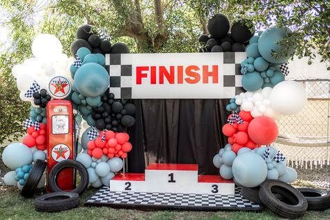 Max Turns One: Party Recap — Officially Quigley 1st Birthday Party Racecar, Fast One Birthday Backdrop, Formula 1 Baby Birthday, Fast One Balloon Arch, Fast One Balloon Garland, Vintage Race Car Birthday Backdrop, F1 Party, Hot Wheels Party, Car Theme