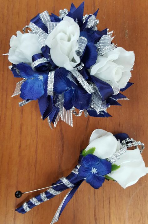 Blue And Silver Corsage, Silver Corsage And Boutonniere, Dance Corsage, Blue Wrist Corsage, Royal Blue Wedding Theme, Silk Flower Corsage, Blue Corsage, White Corsage, Homecoming Corsage