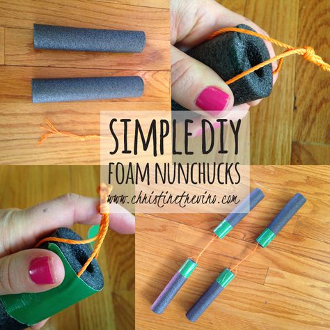 DIY Foam Nunchucks Pool Noodle Nunchucks, Ninja Turtles Party Favors, Diy Nunchucks, Ninja Turtle Party Favors, Teenage Mutant Ninja Turtles Activities, Ninja Party Favors, Ninja Activities, Ninja Turtle Crafts, Ninja Birthday Party Ideas