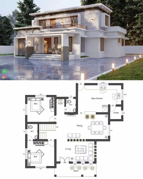 Banglow Plan, Floor Plan With Elevation, Banglow Design, Plan With Elevation, Layout Apartment, Small House Design Kerala, Front Building Design, Kerala Traditional House, Small House Blueprints