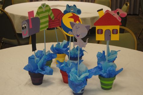 blues clues themed party table center pieces Blues Clues Table Centerpiece, Blues Clues Birthday Party Centerpieces, Blues Clues Centerpieces Diy, Blues Clues Centerpieces, Blues Clues Birthday Party, Blues Clues Birthday, Blue Clues, Blue's Clues Birthday Party, Diy Party Ideas