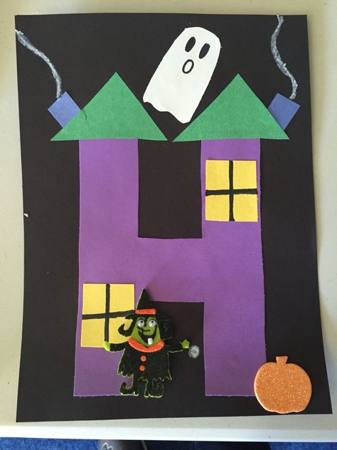 H is for "Haunted House". Letter H Haunted House Craft, Letter H Crafts For Preschoolers Halloween, Haunted House Crafts Preschool, Letter H Halloween Crafts For Preschoolers, H Letter Craft Preschool, Letter H Halloween Crafts, Haunted House Crafts For Toddlers, H Is For Haunted House Preschool, H Is For Halloween Preschool