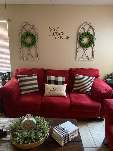 This is a farmhouse take on a red couch. You have to find the balance in order to not have the couch overpower the rest of the decor. Red Couch Decor, Red Couch Living Room, Red Couch, The Cathedral, New Living Room, Hobby Lobby, Decor Interior Design, Lobby, Farmhouse Style