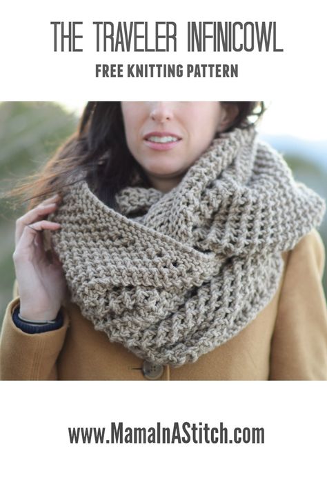 The Traveler Knit Infinicowl Scarf Pattern – Mama In A Stitch Blanket Sweater Pattern, Easy Knit Blanket, Knitted Cowl, Knitted Cowl Scarves, Knitting Patterns Free Scarf, Cowl Knitting Pattern, Easy Knitting Patterns, How To Purl Knit, Scarf Knitting Patterns