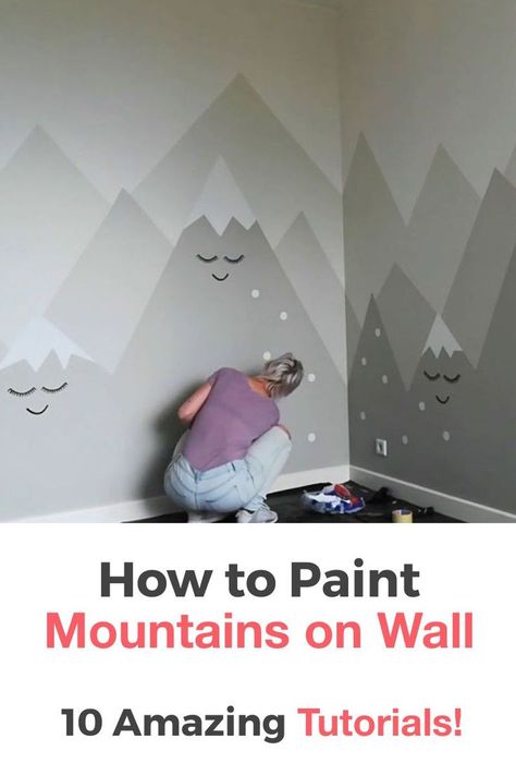 Mountains On Wall, Mountain Mural Kids Room, Boy Adventure Room, Mountain Nursery Theme, Mountain Wall Painting, Paint Mountains, Boy Room Paint, Canvas With Acrylic Paint, Nursery Wall Painting