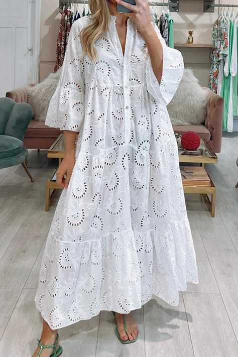 Top In Pizzo, Ruffle Long Dress, Boho Plus Size, Shirt Dress Summer, Style Français, Flare Sleeve Dress, Spring Fabric, Loose Outfit, Spring Summer Dress