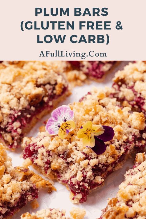 Looking for creative ways to use up some delicious summer stone fruit? These plum crumble bars are totally decadent, easy to make, gluten free and low in carbs! You won't find any refined sugar in these bars, but you'll be amazed with how tasty these are. Low Carb Plum Recipes, Gluten Free Plum Recipes, Plum Recipes Healthy, October Meals, Plum Dessert, Healthy Apple Crumble, Plum Crumble, Gluten Free Bars, Plum Recipes