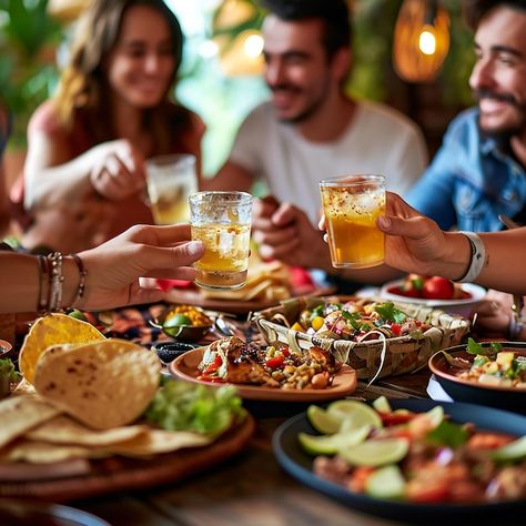 Group of friends having a dinner party eating and drinking beer Having Drinks With Friends, People At Restaurant Photography, Food Friends Aesthetic, Drink Beer With Friends, Family Restaurant Aesthetic, Bar With Friends Aesthetic, Friends Chilling Aesthetic, Eating With Friends Aesthetic, Catering Photoshoot