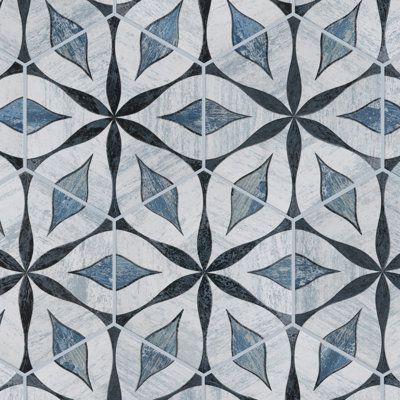 Inspired by a vintage look, our Cassis Hex Flower Black Porcelain Floor and Wall Tile features a mixed textured finish, making it a great choice for your space. With its impervious, frost-resistant features, this blue hexagon tile is ideal for indoor and outdoor commercial and residential installations, including kitchens, bathrooms, backsplashes, showers, hallways, entryways, patios, and fireplace facades. This tile is a perfect choice on its own or paired with other Cassis Hex Flower Collectio Blue Glass Bathroom Tile, Blue Tile In Bathroom, Fun Mudroom Tile, Pretty Backsplash Kitchen, Bold Tile Bathroom, Retro Floor Tile, Fun Bathroom Floor Tile, Bathroom Shower Tile Combinations, Laundry Flooring Ideas