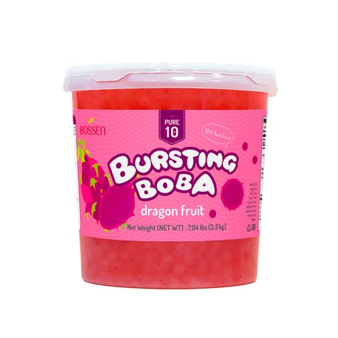 The newest flavor Dragon Fruit Bursting Boba! It has the signature magenta color of dragon fruit and is a pop of color to every drink or dessert. Biting through the bouncy membrane would give you a strong, refreshing “bursting” feel in the mouth! Sweet and fruity, Dragon Fruit Bursting Boba makes a perfect addition to frozen yogurt, desserts, teas or even cocktails. * Delicious & Fun * No-Fuss Preparation * No Cooking Required Each tub contains approximately 100 servings. The suggested serving s Boba Flavors, Fruit Slush, Fruit Pops, Cold Treats, Free Tea, Flavored Syrup, No Cooking, Hello Kitty Cake, Dessert Toppings