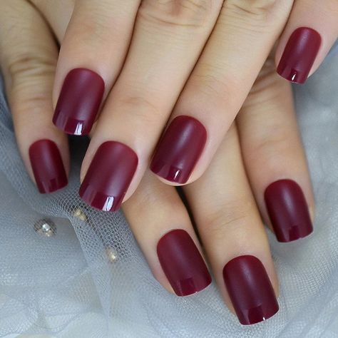 Burgandy Short Nails Gel, Dark Red Shellac Nails, Dark Red Nails Pale Skin, Dark Red Short Natural Nails, Dark Red Manicure Short, Wine Press, Short Press On Nails, Matte Gloss, Cat Eye Gel