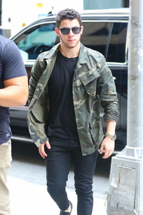 male celebrity wears camo at DuckDuckGo Camo Jacket Outfit Men, Camouflage Jacket Outfit, Jacket Outfits Men, Camo Jacket Outfit, Jacket Outfit Men, Male Celebrity, Camouflage Jacket, Magic City, Nick Jonas