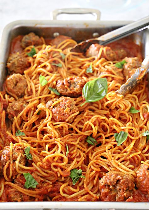 Oven-Baked Spaghetti and Meatballs Oven Spaghetti And Meatballs, One Pan Spaghetti And Meatballs, Oven Baked Spaghetti And Meatballs, Dump And Bake Spaghetti And Meatballs, Spaghetti In Oven, Dinner Recipes Meatballs, Dinner Recipes Pesto, Baked Spaghetti With Meatballs, Chili Spaghetti Recipe