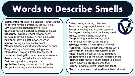 Words To Describe Scent, Scents For Characters, Words To Describe Smell, Describing Scents Writing, Scent Description Writing, Literature Devices, Good Adjectives, Job Coaching, Bookmarks Quotes