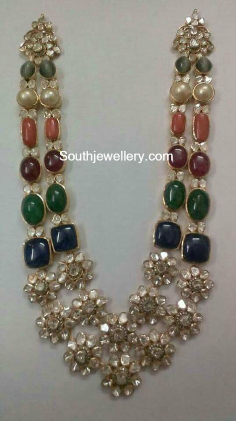 Polki and Gemstones Necklace Navratan Jewellery, Navratna Jewellery, Pakistani Design, Emerald Necklaces, Latest Indian Jewellery, Polki Sets, 22 Carat Gold Jewellery, Platinum Jewellery, Beautiful Gold Necklaces