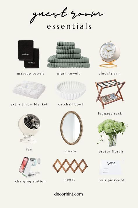 guest bedroom essentials Guest Bedroom Items, Guest Bedroom Accommodations, Things To Put In Guest Bedroom, Simple Guest Bedroom Decor, What To Put In Guest Bedroom, How To Style Guest Bedroom, Guest House Essentials, Guest Room Essentials List, Guest Bedroom Details