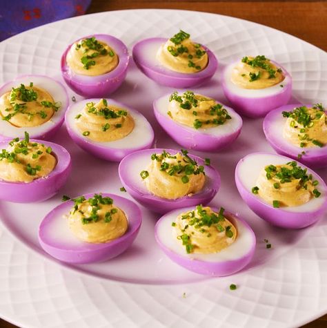 Mardi Gras Deviled Eggs - Delish.com Mardi Gras Appetizers, Jalapeno Deviled Eggs, Thanksgiving Deviled Eggs, Fried Deviled Eggs, Devilled Eggs Recipe Best, Hard Boiled Egg Recipes, Deviled Eggs Recipe Classic, Deviled Eggs Easy, Best Deviled Eggs