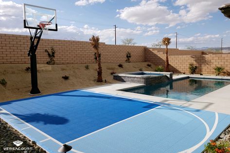 20 Fun Backyard Sports & Game Ideas For Pool Surrounds | VersaCourt Pool Fencing Landscaping, Fun Backyard Games, Bball Court, Pool Surround, Home Basketball Court, Basketball Court Backyard, Pools For Small Yards, Backyard Sports, Backyard Basketball