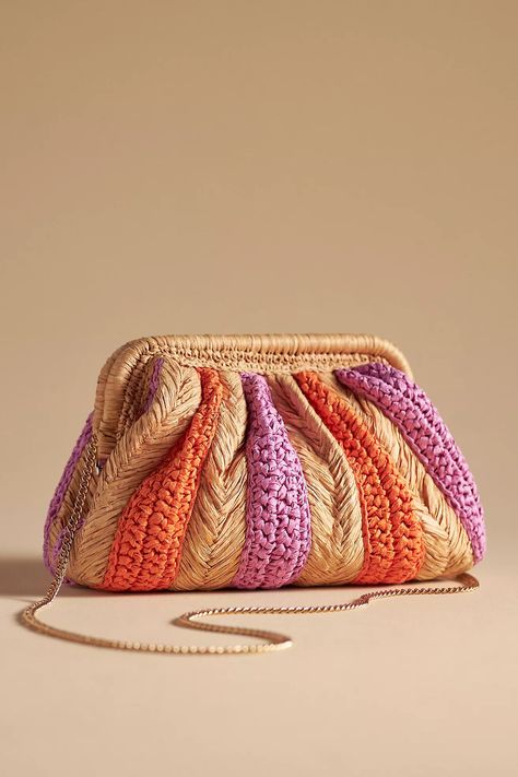 The Frankie Clutch: Striped Raffia Edition | Anthropologie (US) Rafia Bags, Crochet Clutch Bags, Raffia Crochet, Handmade Handbag, Womens Crochet Patterns, Crochet Bag Pattern Free, Bag Pattern Free, Dinner Dates, Crochet Clutch