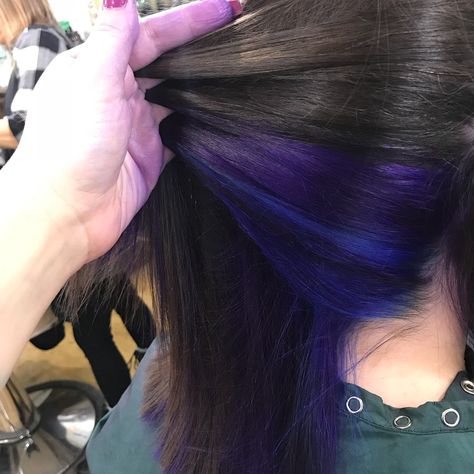 Under Hair Dye Ideas, Peak A Boo Hair, Purple Peekaboo Hair, Under Hair Dye, Purple Brown Hair, Peekaboo Hair Colors, Braid Crown, Peekaboo Hair, Hair Idea