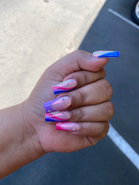 Bi flag chrome french tip coffin nails Pride Nails Square, Bi Nails Designs, Pride Nails Ideas, Subtle Bi Pride Nails, Simple Pride Nail Ideas, Bisexual Nail Designs, Short Pride Nail, Lgbt Nails Designs, Pride Nails Bisexual