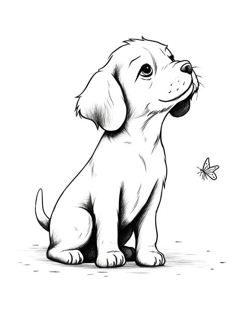 Baby Dog and the Butterfly: A baby dog looking in awe at a butterfly flying towards it. (Free Printable Coloring Page for Kids) Dog Drawing Ideas Pencil, Cute Dogs Sketches, Drawing Dog Cute, Pictures Of Dogs To Draw, Cute Puppy Drawing Sketch, Dogs And Puppies Drawings, Drawing Of Dogs Sketches, Dog And Butterfly Drawing, Puppy Line Drawing