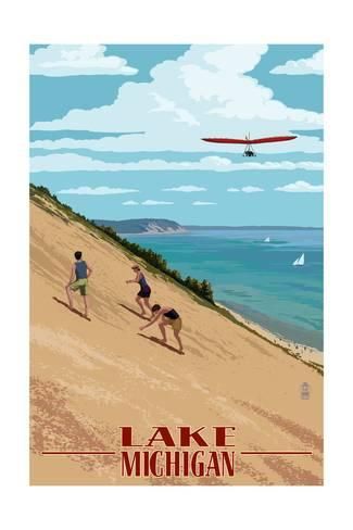 Art Print: Michigan - Dunes by Lantern Press : 24x16in Michigan Dunes, Dune Art, Michigan Art, Sleeping Bear, Michigan Travel, Retro Travel Poster, State Of Michigan, Traverse City, Northern Michigan