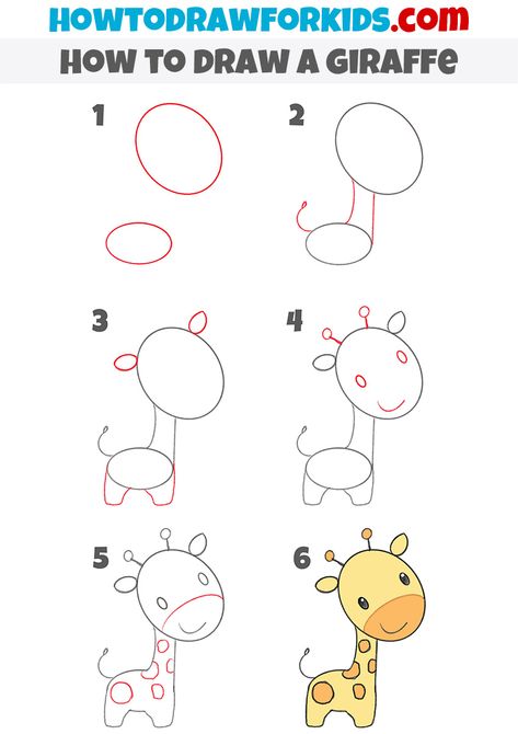 Draw Beginner Step By Step, Drawing Ideas Kindergarten, How To Draw A Giraffe Step By Step Easy, Cute Animal Doodles Step By Step, Giraffe Step By Step Drawing, How To Draw A Giraffe Easy, Animal Drawing Tutorial Easy, Easy Painting For Kindergarten, How To Draw Zoo Animals