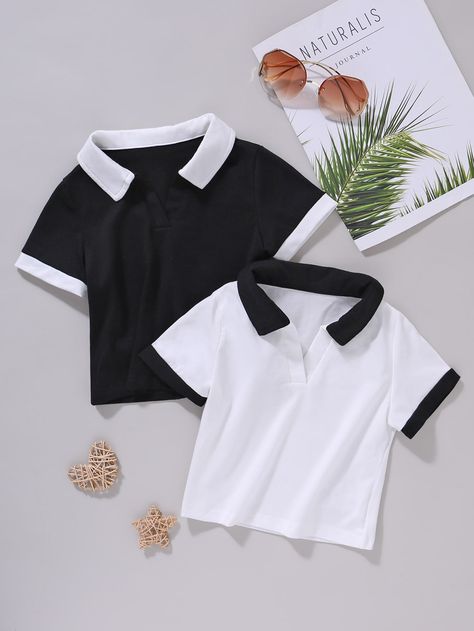 Black and White Casual Collar Short Sleeve Fabric Colorblock  Embellished Slight Stretch  Toddler Girls Clothing Girl T Shirts, Toddler Girl Outfits, White Casual, Fashion Outfit, Girls Clothing, Toddler Girls, Toddler Outfits, Casual Outfit, Girls Tshirts