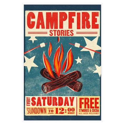 PTM Images Campfire Framed Wall Art Smores Graphic Design, Vintage Camp Poster, Retro Camp Aesthetic, Campfire Graphic Design, Summer Camp Poster Design Ideas, Vintage Camping Decor, Summer Camp Merch, 70s Camping Aesthetic, Smores Illustration