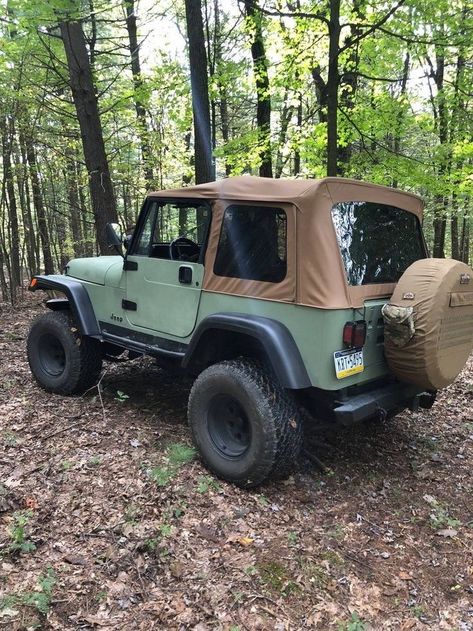 Brown Jeep Wrangler, Jeep Wrangler Trailer, Old Jeep Wrangler, Green Jeep Wrangler, Surf Car, Yj Wrangler, Car Dream, Cj Jeep, Green Jeep