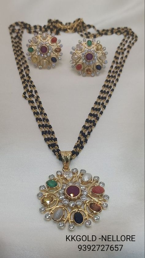 Navratna Jewellery Pendants, Navratna Pendant Gold, Navratna Pendant Set, Navarathan Pendant, Black Beads Diamond Pendant, Navratna Mangalsutra, Black Beads With Diamond Pendant, Black Diamonds Chains, Navaratna Lockets