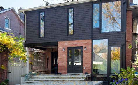 Transitional Exterior Home, Black Siding, Modern Siding, Grey Siding, Transitional Exterior, Siding Options, Transitional Furniture, Shingle Siding, Red Brick House