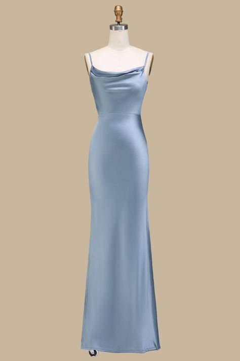 Be the belle of the ball in our Cowl Neck and Back Maxi Dress in Dusty Blue! With a stunning cowl neckline and back, delicate spaghetti straps and a flattering sheath skirt, this dress is perfect for bridesmaids and wedding guests alike. Look and feel elegant and graceful on any special occasion. Product Details   SKU: MD0965 Polyester Fabric Maxi Length Size: US 0-16. Check our Size Chart to get your correct size.  Recommend custom size for plus size. Free custom size service is available. Emai Baby Blue Prom Dress Long Silk, Steel Blue Formal Dress, Light Blue Dress Modest, Warm Blue Dress, Pale Blue Formal Dress, Silk Light Blue Dress, Wedding Dress Guest Ideas, Light Blue Satin Prom Dress, Bridesmaid Dresses Light Blue