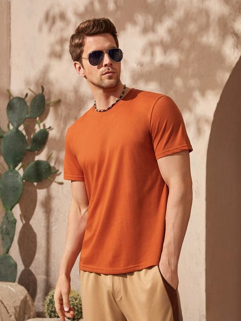 Orange Tshirt Outfits Man, Orange Tshirt Outfits, Burnt Orange Fabric, Orange Tshirt, Round Neck Tees, Orange Fabric, Plus Size Fashion For Women, Tshirt Outfits, Fabric Medium