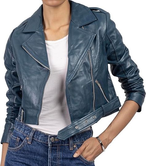 Jild Cropped Leather Jacket Women Lapel Asymmetric Zip Up Moto Biker Short Coat with Belt at Amazon Women's Coats Shop Leather Blazer Women, Motorcycle Jacket Women, Womens Moto Jacket, Leather Jacket Women, Leather Coat Womens, Blue Leather Jacket, Coat With Belt, Suede Fringe Jacket, Lambskin Leather Jacket