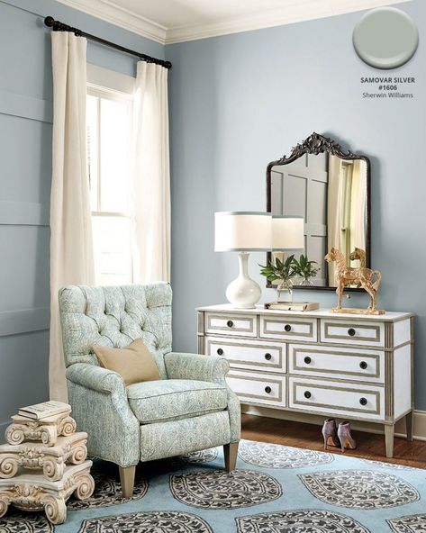 Home office with light blue/gray walls in Sherwin Williams Samovar Silver Samovar Silver, Light Blue Grey Paint, Grey Paint Living Room, Light Green Bedrooms, Light Blue Bedroom, Blue Gray Bedroom, Grey Walls Living Room, Grey Wall Color, Blue Gray Paint Colors