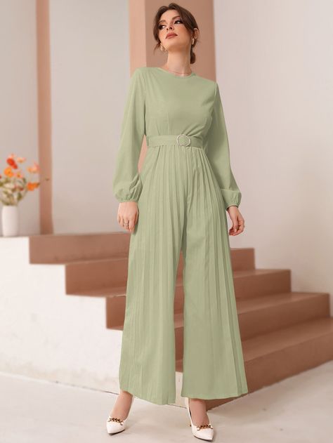 Olive Green Elegant  Long Sleeve Polyester Plain Culottes  Non-Stretch Spring/Fall Women Jumpsuits & Bodysuits Full Sleeves Jumpsuit, Long Sleeve Wide Leg Jumpsuit, Fantasy Outfits, Belted Jumpsuit, Fancy Lights, Green Jumpsuit, Wallpaper Images, Jumpsuit With Sleeves, Lantern Sleeve