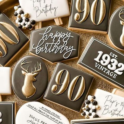 Olivia Russell on Instagram: "vintage birthday cookies 💡🎥🎞️🗝️🦌" Happy Birthday Plaque Cookies, 90 Birthday Cookies, Men Birthday Cookies, 100th Birthday Cookies, Vintage Birthday Cookies, 90th Birthday Cookies Decorated, 50 Birthday Cookies, 90th Birthday Cookies, 80th Birthday Cookies