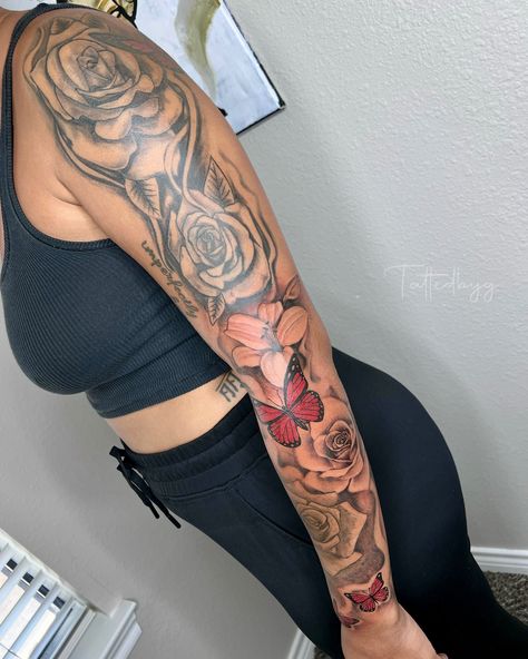 Full Sleeve 😍🌹✨ #TATTEDBYG ⋆.ೃ࿔*:･ Taking Bookings For 📍Dallas, Tx 📍Shreveport, La ˏˋ°•*⁀➷ $25 Deposit Contact Thru Dm! #tattooideas #femaletattooartist #dfwtattooartist #trending #prettytattoos #color #butterfly #fullsleevetattoo #dallas Tatto Sleeve, Side Arm Tattoos, Color Butterfly, Female Tattoo Artists, Full Sleeve Tattoo, Pretty Tattoos, Rose Tattoo, Butterfly Tattoo, Dallas Tx