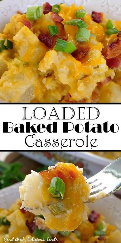 Loaded Baked Potato Casserole is a delicious side dish recipe packed full of flavor with bacon, sour cream, onions and cheese. #easycasseroles #dinnerrecipe #easypotatorecipes #loadedpotatocasserole #greatgrubdelicioustreats Creamy Potato Bake, Loaded Potato Casserole, Loaded Baked Potato Casserole, Bacon Casserole, Twice Baked Potatoes Casserole, Baked Potato Casserole, Loaded Baked Potato, Potato Recipes Side Dishes, Dinner Recipes For Family