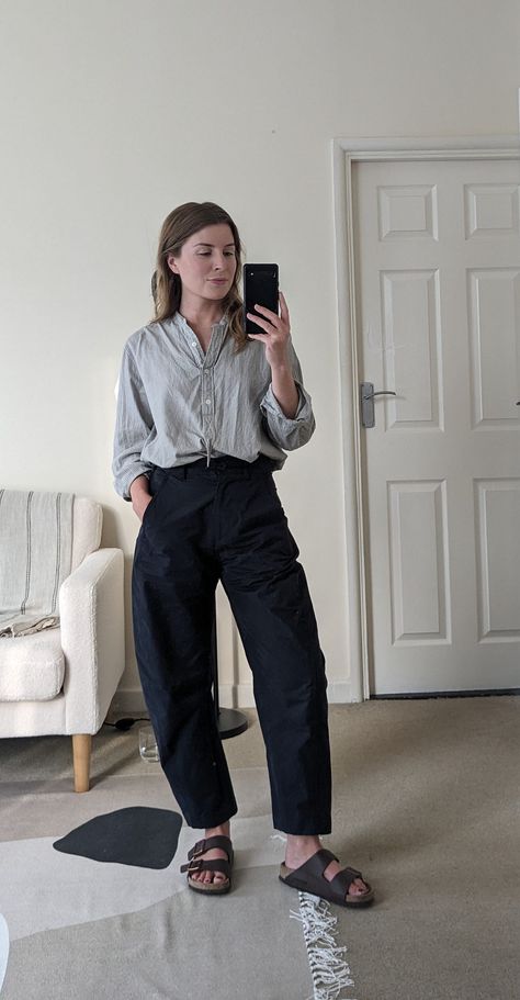 Striped Margaret Howell shirt with navy Studio Nicholson barrel-leg trousers and Birkenstock Arizona sandals Leg Trousers Outfit, Danish Street Style, Cos Trousers, Balloon Trousers, Birkenstock Outfit, Trousers Outfit, Leg Pants Outfit, Trouser Outfit, Birkenstock Sandals Arizona